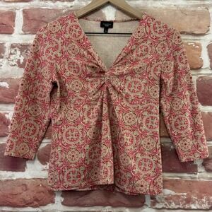 Talbots Top Women's Small Petite Pink Tan Boho Floral Medallion Twist Neck Shirt